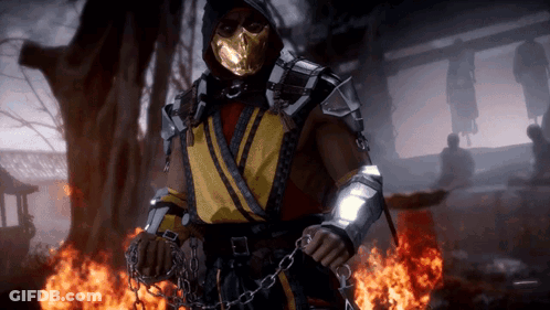 A Video Game Character Is Standing In Front Of A Fire With Chains Around His Waist . GIF