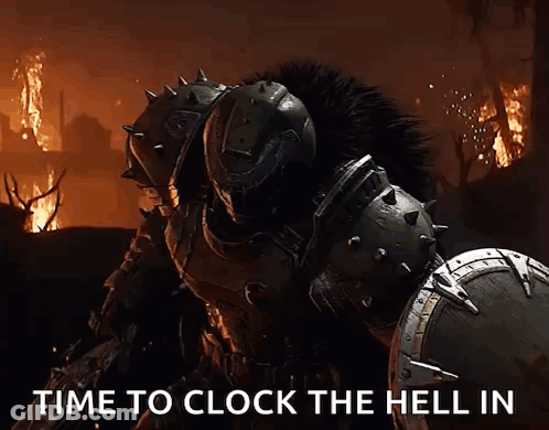 A Video Game Character Is Standing In Front Of A Fire With The Words Time To Clock The Hell In Above Him GIF