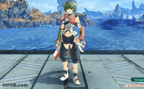 A Video Game Character Is Standing In Front Of A Large Body Of Water With A Green Button That Says Navigate GIF