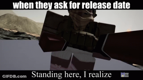 A Video Game Character Is Standing In Front Of A Mountain With The Caption When They Ask For Release Date Standing Here GIF