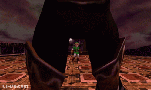 A Video Game Character Is Standing In Front Of A Pillar With A Purple Sky In The Background GIF