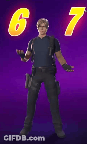 A Video Game Character Is Standing In Front Of A Purple Background With The Number 67 On It GIF