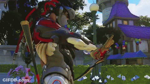 A Video Game Character Is Standing In Front Of A Purple Building With Balloons On It GIF