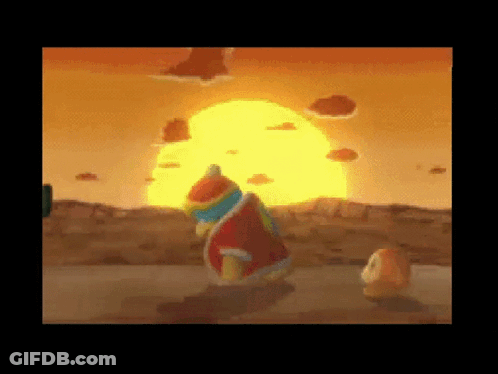 A Video Game Character Is Standing In Front Of A Sunset With A Yellow Sun In The Background . GIF