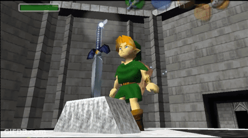 A Video Game Character Is Standing In Front Of A Sword And A Brick Wall GIF