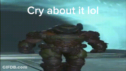A Video Game Character Is Standing In Front Of A Wall With The Words `` Cry About It LOL '' . GIF