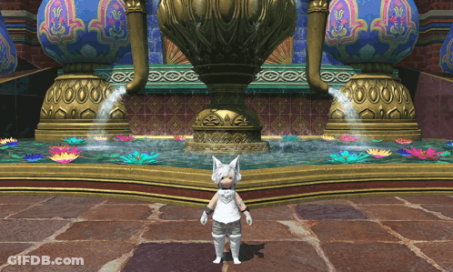 A Video Game Character Is Standing In Front Of A Water Fountain GIF