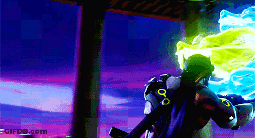 A Video Game Character Is Standing In Front Of A Window With A Purple Sky Behind Him GIF