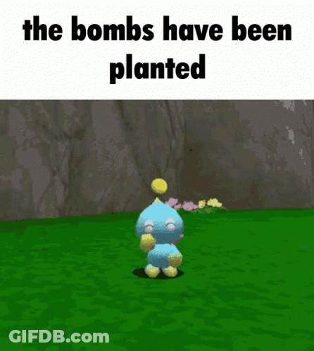 A Video Game Character Is Standing In The Grass With The Words The Bombs Have Been Planted Above It GIF