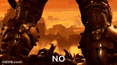 A Video Game Character Is Standing In The Middle Of A Battle With The Word No Written On The Bottom Of The Screen . GIF