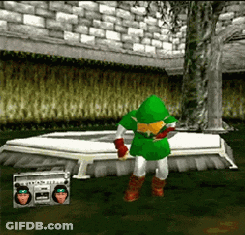 A Video Game Character Is Standing Next To A Boombox With Two Faces On It GIF