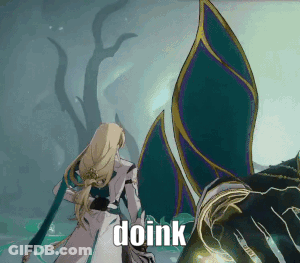 A Video Game Character Is Standing Next To A Monster And The Word Doink Is Visible GIF