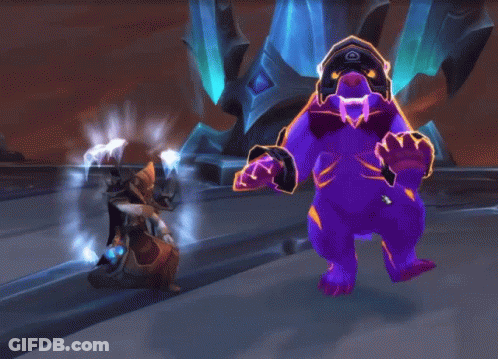 A Video Game Character Is Standing Next To A Purple Beast GIF