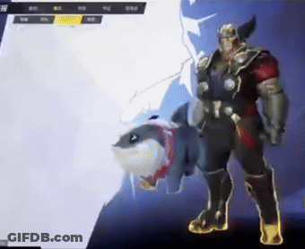 A Video Game Character Is Standing Next To A Shark On His Back GIF