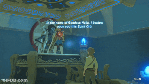 A Video Game Character Is Standing Next To A Statue With A Blue Light Shining On It GIF