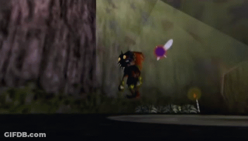 A Video Game Character Is Standing Next To A Tree With A Purple Flying Object In The Background GIF