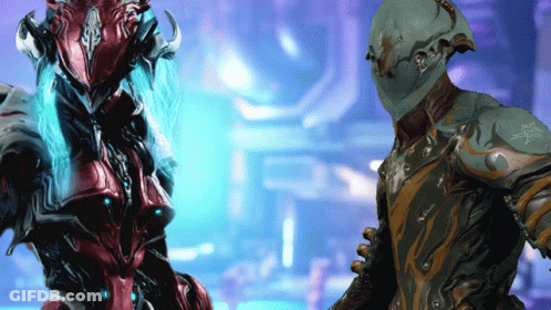 A Video Game Character Is Standing Next To Another Character With A Helmet On GIF
