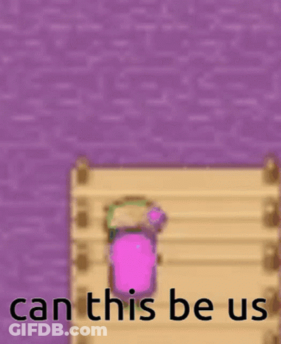 A Video Game Character Is Standing On A Dock With The Words " Can This Be Us " Below Him GIF