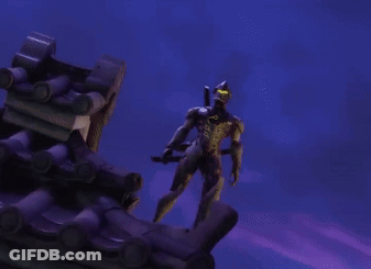 A Video Game Character Is Standing On A Roof Holding A Sword And A Pickaxe . GIF