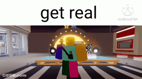 A Video Game Character Is Standing On A Stage And The Words Get Real Are Above Him GIF