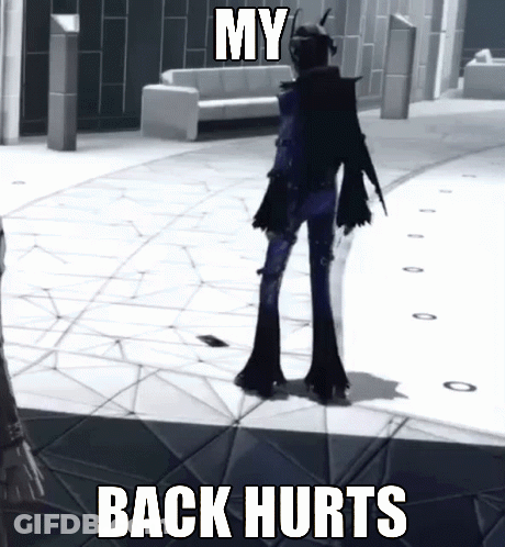 A Video Game Character Is Standing On A Tiled Floor With The Words My Back Hurts GIF