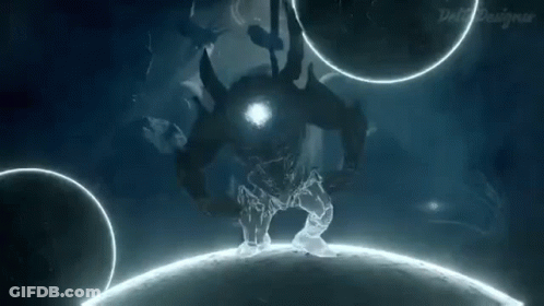 A Video Game Character Is Standing On Top Of A Planet Surrounded By Planets And Stars . GIF