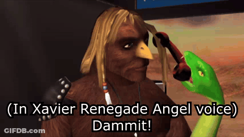 A Video Game Character Is Talking To A Green Snake With The Words " In Xavier Renegade Angel Voice Dammit " GIF