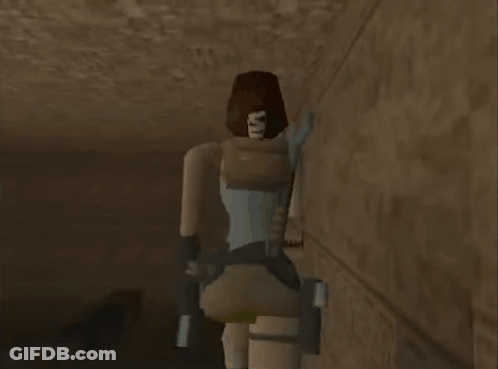 A Video Game Character Is Walking Down A Hallway With A Sword In Her Hand . GIF
