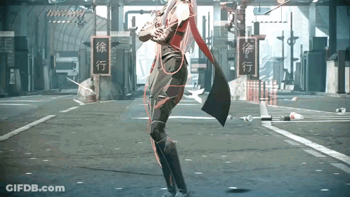 A Video Game Character Is Walking Down A Street With Chinese Characters On The Signs GIF