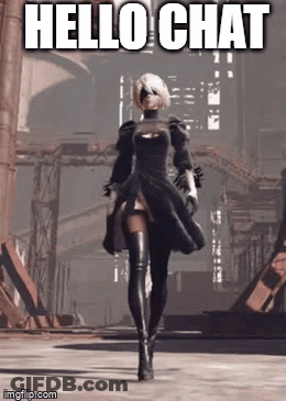 A Video Game Character Is Walking Down A Street With The Words `` Hello Chat '' Written On It . GIF