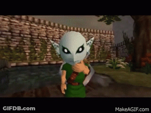 A Video Game Character Is Wearing A White Mask And A Green Shirt GIF