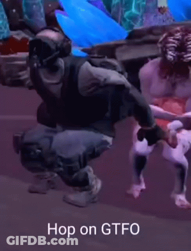 A Video Game Character Kneeling Down With The Words Hop On Gtfo Written On The Bottom GIF