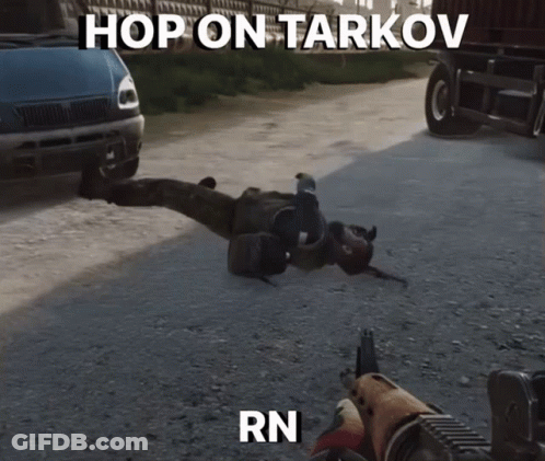 A Video Game Character Laying On The Ground With The Words Hop On Tarkov Rn Above Him GIF