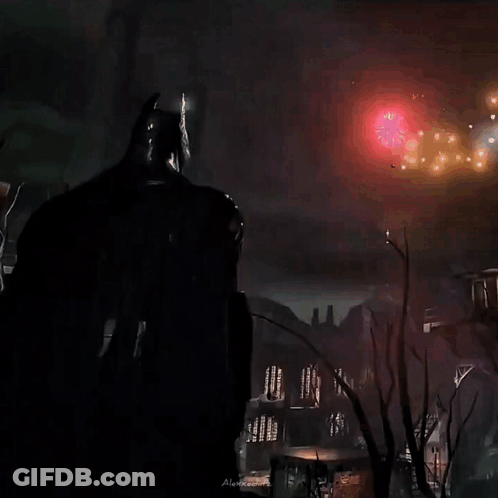 A Video Game Character Named Batman Is Standing In A Dark Room GIF