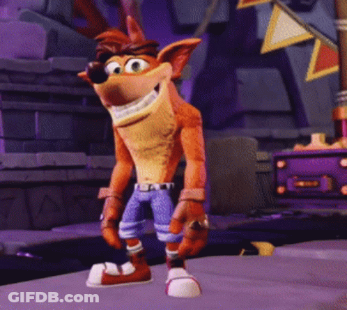 A Video Game Character Named Crash Bandicoot Is Smiling GIF