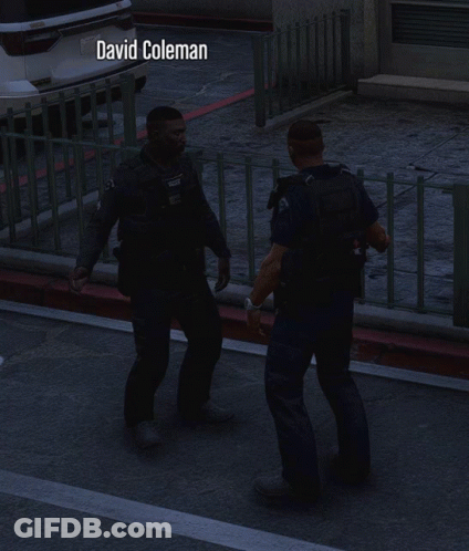 A Video Game Character Named David Coleman Is Standing Next To Another Man GIF