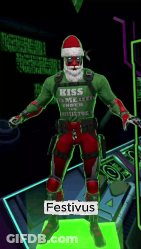 A Video Game Character Named Festivus Is Wearing A Green Shirt That Says Kiss Me Under Mistletoe GIF