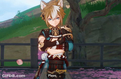 A Video Game Character Named Gorou Is Standing In Front Of A Fence GIF