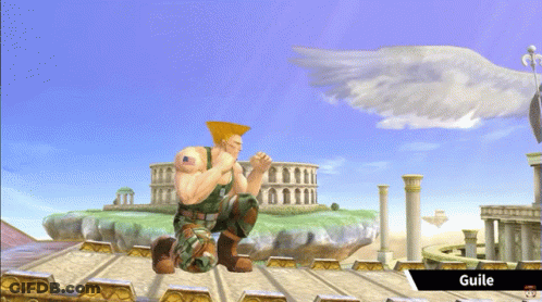 A Video Game Character Named Guile Is Kneeling Down In Front Of A Building GIF
