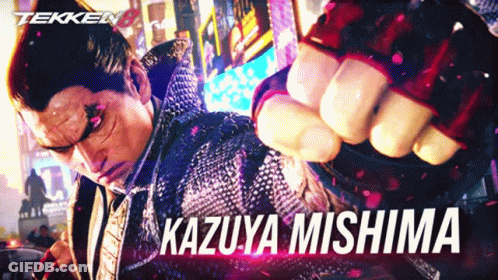 A Video Game Character Named Kazuya Mishima With A Fist In The Air GIF