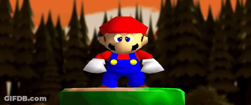 A Video Game Character Named Mario Is Standing On A Green Block With Trees In The Background GIF