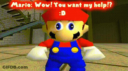 A Video Game Character Named Mario Is Standing On A Sidewalk And Talking To Someone . GIF