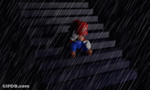 A Video Game Character Named Mario Is Walking Down Stairs In The Rain GIF