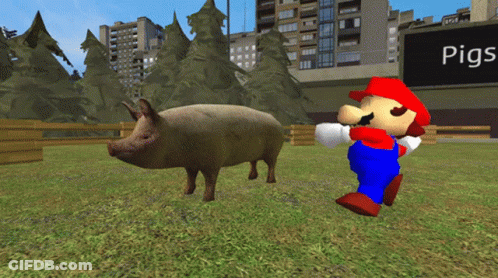 A Video Game Character Named Mario Standing Next To A Pig And A Sign That Says Pigs GIF