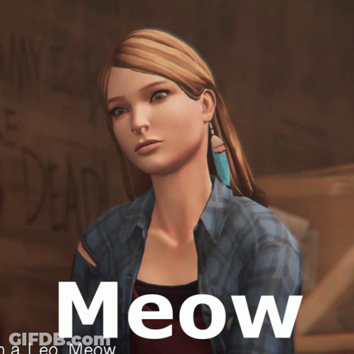 A Video Game Character Named Meow Is Sitting Down GIF