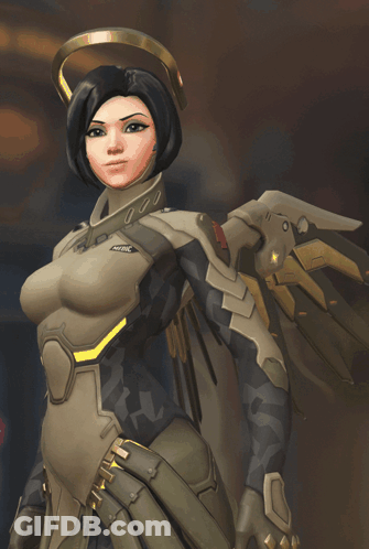 A Video Game Character Named Mercy Is Standing In A Dark Room GIF