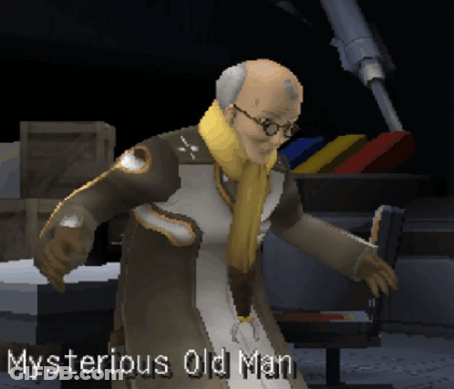 A Video Game Character Named Mysterious Old Man Is Standing In A Dark Room GIF