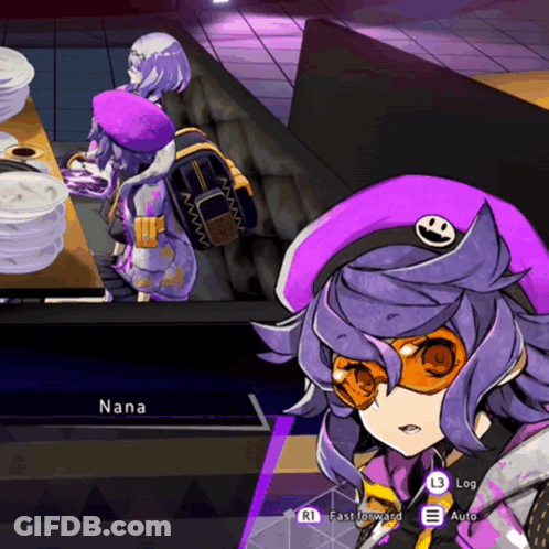 A Video Game Character Named Nana Has A Purple Hat And Sunglasses On GIF
