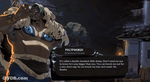 A Video Game Character Named Polyphemus Is Talking To Someone GIF