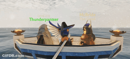 A Video Game Character Named Thunderpantser Is Sitting In A Boat GIF